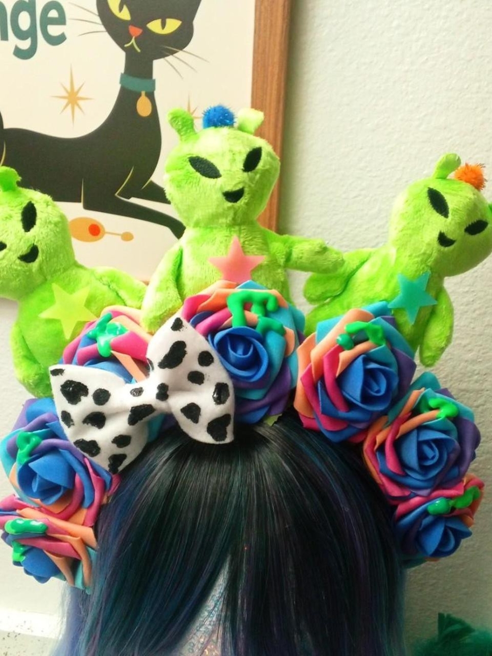 Neon Green Alien Flower Headband with Rainbow Roses
